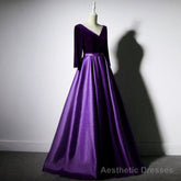 Dark Purple Long Sleeves V-neckline Velvet and satin Long Party Dress, Long Evening Dress Prom Dress